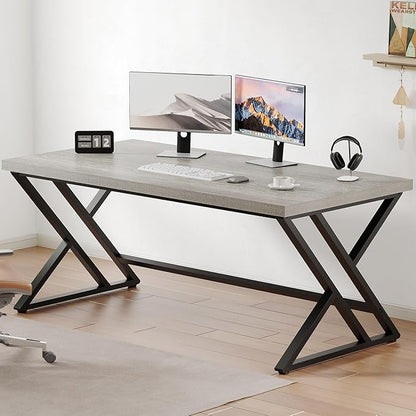LVB 60 Inch Modern Grey Wood Metal Computer Desk, Home Office Executive Desk for Bedroom Gaming Study Writing Work, Industrial Simple Student PC Table with Storage