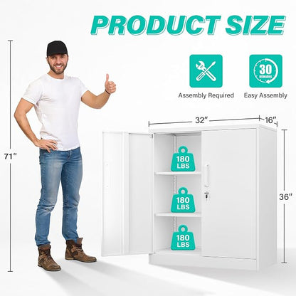 SISESOL 36 inch Storage Cabinet with Doors and Shelves,White Metal Storage Cabinet,Small Locking Metal Cabinets,Short Steel Counter Cabinets with Lock for Garage Home Office Pantry