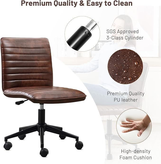 Furniliving Leather Home Office Chair, Armless Vanity Desk Task Chair with Wheels 360° Swivel Computer Rolling Desk Chair with Back, Adjustable Accent Chair with Base Stool