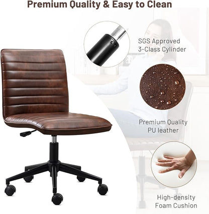 Furniliving Leather Home Office Chair, Armless Vanity Desk Task Chair with Wheels 360° Swivel Computer Rolling Desk Chair with Back, Adjustable Accent Chair with Base Stool