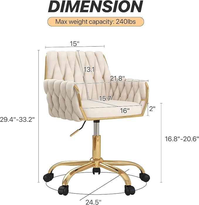 Velvet Home Office Chair, Modern Height-Adjustable Vanity Chair with Golden Base and Hand-Woven Backrest for Bedroom/Study/Vanity (Beige)