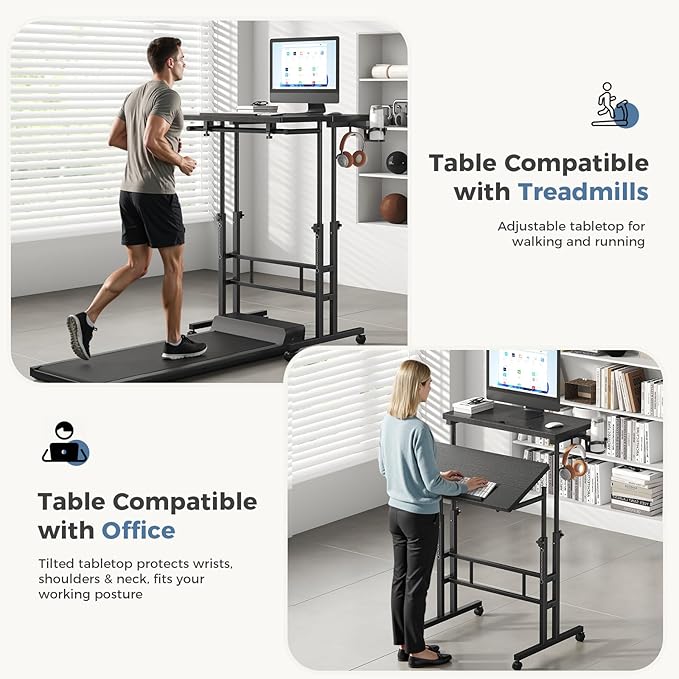 DUMOS Split Top Rolling Standing Desk 23.6 Inch Mobile Laptop Workstation Manual Height Adjustable Sit Stand Office Table Walking Pad Study Surface Portable Home Office Computer Cart Black