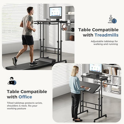 DUMOS Split Top Rolling Standing Desk 23.6 Inch Mobile Laptop Workstation Manual Height Adjustable Sit Stand Office Table Walking Pad Study Surface Portable Home Office Computer Cart Black