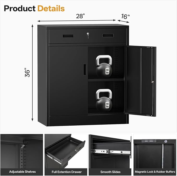 Metal Storage Cabinet 36" H, Locking Storage Cabinet with 1 Drawer and Adjustable Shelf, Garage Storage Cabinet for Home Office, Garage, School, Apartment, Warehouse