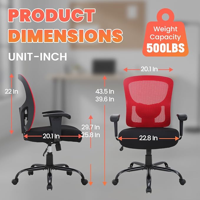Big and Tall Office Chair 400lbs Desk Chair Mesh Computer Chair with Lumbar Support Wide Seat Adjust Arms Rolling Swivel High Back Task Executive Ergonomic Chair,Red