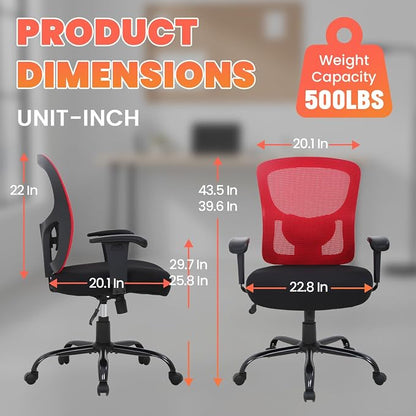 Big and Tall Office Chair 400lbs Desk Chair Mesh Computer Chair with Lumbar Support Wide Seat Adjust Arms Rolling Swivel High Back Task Executive Ergonomic Chair,Red