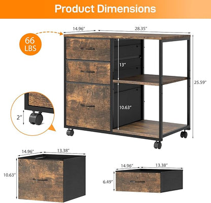 VINGLI 3 Drawer File Cabinet with Wheels Under Desk Printer Stand, Rolling File Cabinet with Shelves Adjustable, Mobile Lateral Filing Cabinet for Home Office, Fits Letter Size, Rustic Brown