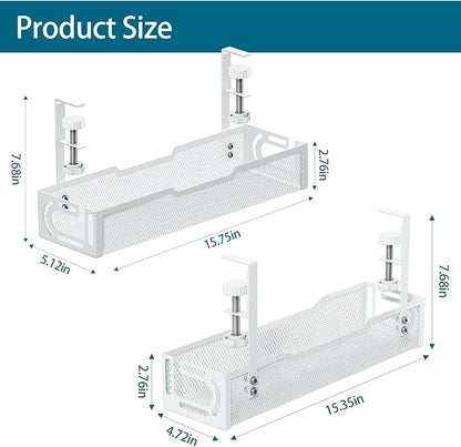 2Pack Under Desk Cable Management Tray, No Drill Mesh Desk Cable Tray, Wire Management Tray Cable Management Rack, Wire Organizer and Cable Management Box (White)