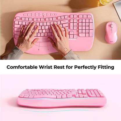 MEETION Ergonomic Keyboard and Mouse Wireless, Wave Keys Natural Typing, 2.4G Wireless Keyboard with Wrist Rest, 4 Adjustable DPI Mouse, Computer/Laptop/Windows/Mac, Pink