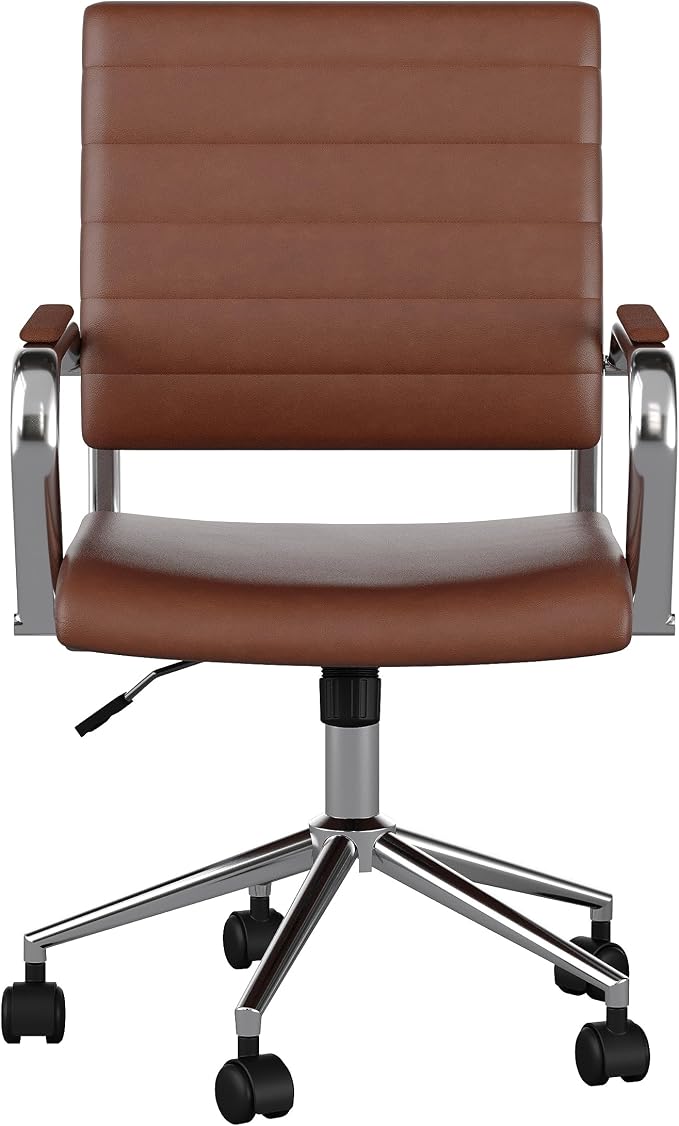 Martha Stewart Piper Swivel Task Chair with Armrests for Home Office in Saddle Brown Faux Leather with Polished Nickel Frame