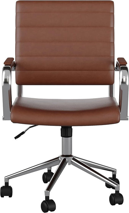 Martha Stewart Piper Swivel Task Chair with Armrests for Home Office in Saddle Brown Faux Leather with Polished Nickel Frame