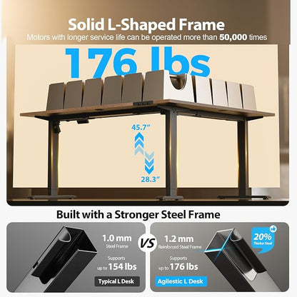 Agilestic L Shaped Standing Desk 63 x 55 inch Adjustable Height, Electric Corner Standing Desk, Sit Stand Computer Table with Splice Board, Vintage Brown