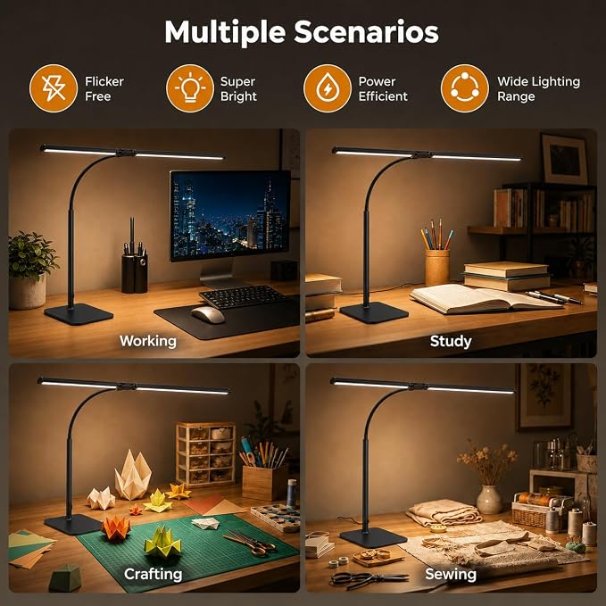 24" Double Head LED Desk Lamp, 15W Wide Architect Desk Light with Base for Home Office, 360° Flexible Gooseneck Task Lamp, 3 Color Modes, 10 Brightness Levels, Memory Function, Black