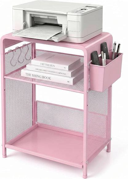 ECOLOVI 3 Tier Printer Stand for Under Desk, Height Adjustable Shelf Small Printer Table with 3 S-Hooks & Basket, Heavy Duty Industrial Storage Shelf for Home Office (Pink Metal)