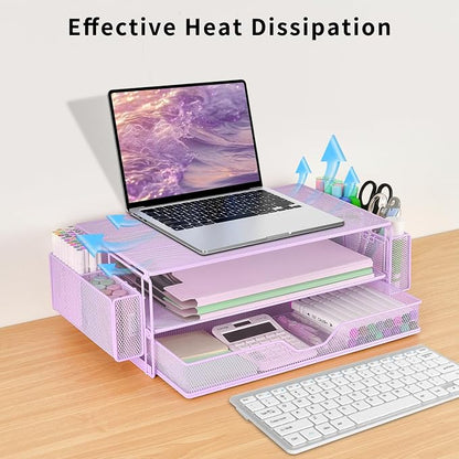 AUPSEN Computer Monitor Stands Riser，2-Tier Desk Organizers and Accessories, Office Desk Accessories Organizer with Drawers and 2 Pen Holder for Office Supplies (Purple)