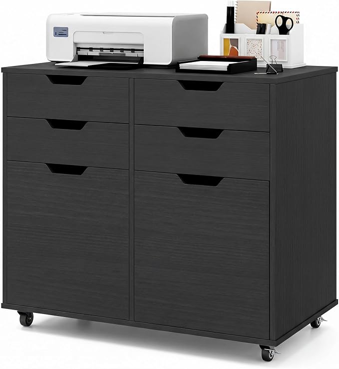 LOKO Mobile File Cabinet with 4 Drawers, Rolling Under-Desk Filing Cabinet, Wooden Chest of Drawers with Universal Wheels, Modern Printer Stand for Home Office Organization and Storage (Black)