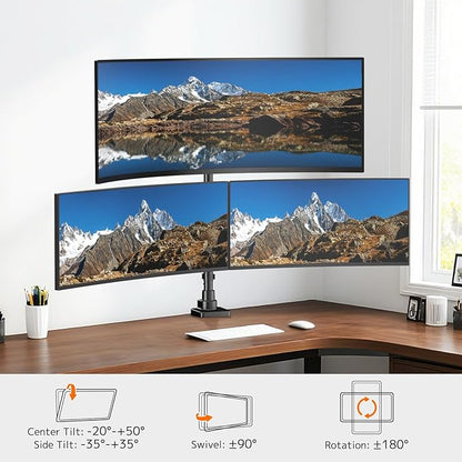 Triple Monitor Mount up to 49 inches, Fully Adjustable Heavy Duty 3 Monitor Arm with Gas Spring, Desk Mount for 3 Screens, C-Clamp & Grommet Base, Holds 44 lbs, Black