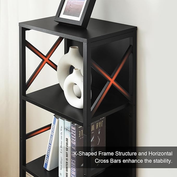 MNEETRUNG Small Bookshelf,4 Tier Industrial Bookcase with Metal Frame and Backboard,Narrow Black Book Shelf,Office Book case for Small Spaces,Living Room,Bedroom and Home Office