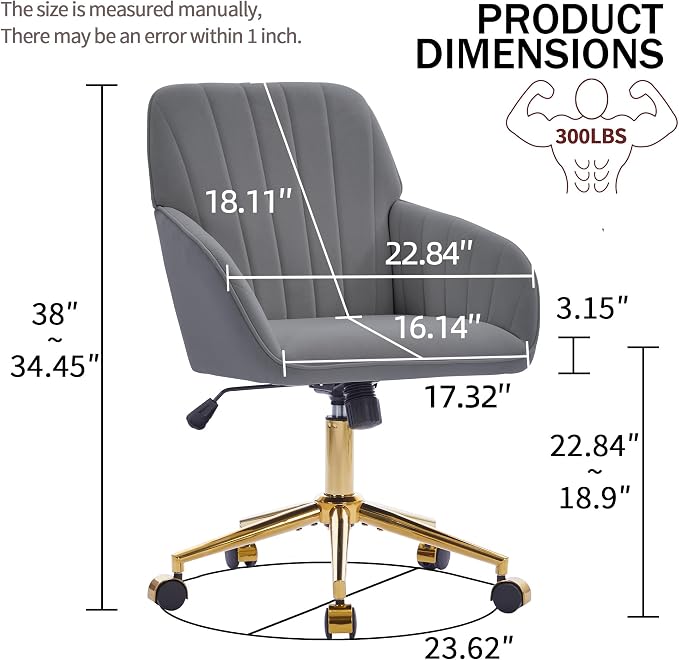 YITAI Velvet Office Desk Chair with Wheels and Gold Base,Modern Height Adjustable 360 Degree Swivel Upholstered Vanity Chairs with Arms for Living Room Bedroom, Study,Gray