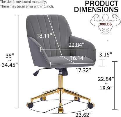 YITAI Velvet Office Desk Chair with Wheels and Gold Base,Modern Height Adjustable 360 Degree Swivel Upholstered Vanity Chairs with Arms for Living Room Bedroom, Study,Gray