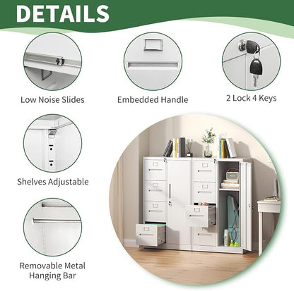 File Cabinet 4 Drawer, Vertical File Cabinet with Lock and 1 Door, File Cabinet with Storage Shelves for A4 Legal/Letter, Assembly Required (White)
