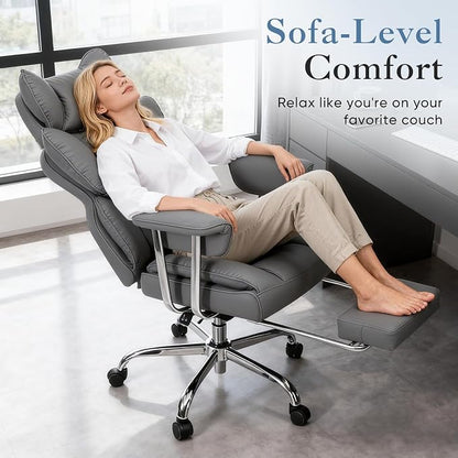 DUMOS Big and Tall Office Chair 400 LBS, Scratch-Resistant PU Leather Executive Office Desk Chair with Footrest, Ergonomic Reclining Computer Chairs with Pocket Spring Support, Grey