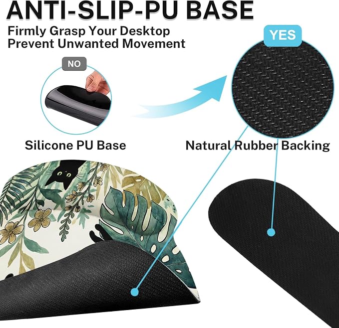 Britimes Green Tropical Plants Keyboard Mouse Pad Set Black Cats 4in1 Large Mousepad+Keyboard Wrist Rest+Mouse Wrist Rest+Coaster Ergonomic Design for Home Office Computer 35.4x15.7 inches