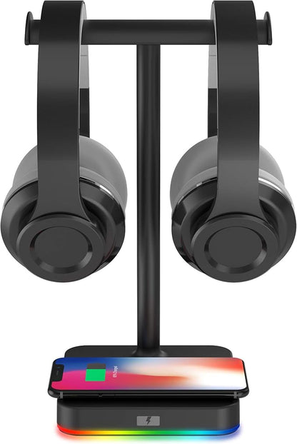 KAFRI RGB Dual Headphone Stand with Wireless Charger Desk Gaming Double Headset Holder Hanger Rack with 10W/7.5W QI Charging Pad - Suitable for Gamer Desktop Table Game Earphone