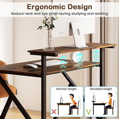 Giantex Rolling Small Desk with Storage, Compact Computer Desk for Small Spaces with Charging Station, Monitor Stand, Lockable Wheels, Study Writing Desk for Home Office, Bedroom (Rustic Brown)