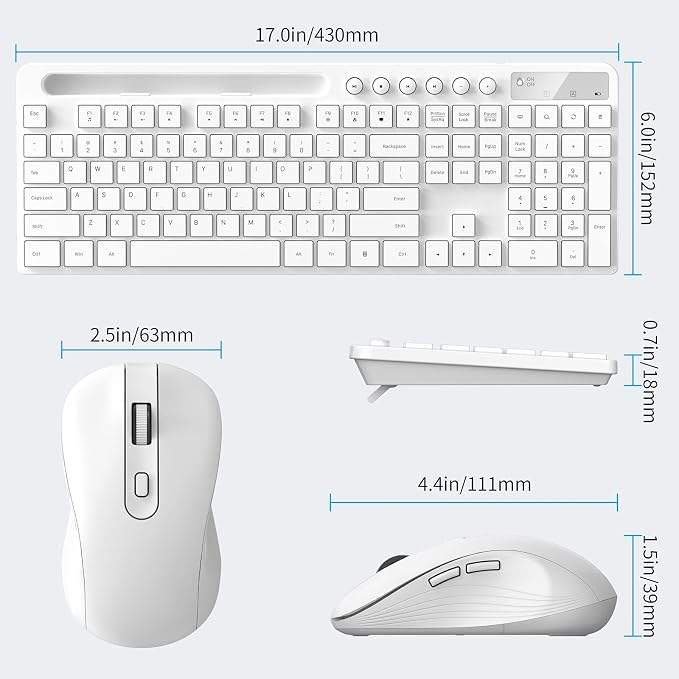 Wireless Keyboard and Mouse Combo, MARVO 2.4G Ergonomic Wireless Computer Keyboard with Phone Tablet Holder, Silent Mouse with 6 Button, Compatible with MacBook, Windows (White)