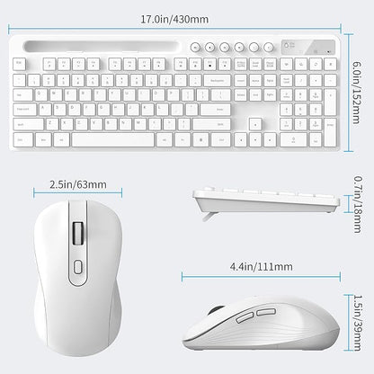 Wireless Keyboard and Mouse Combo, MARVO 2.4G Ergonomic Wireless Computer Keyboard with Phone Tablet Holder, Silent Mouse with 6 Button, Compatible with MacBook, Windows (White)