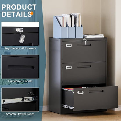 MIIIKO Lateral 3 Drawer File Cabinet, Black Metal Filing Cabinets with Lock, Drawers Storage File Cabinets for Home Office,Hanging Files Folders Letter/Legal/A4 Size