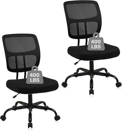 CLATINA Armless Home Office Chair, Small Ergonomic Mesh Back Desk Chair with Lumbar Support and Wheels, Adjustable Height 360° Swivel Rolling Computer Chair for Conference Waiting, Black, 2Pack