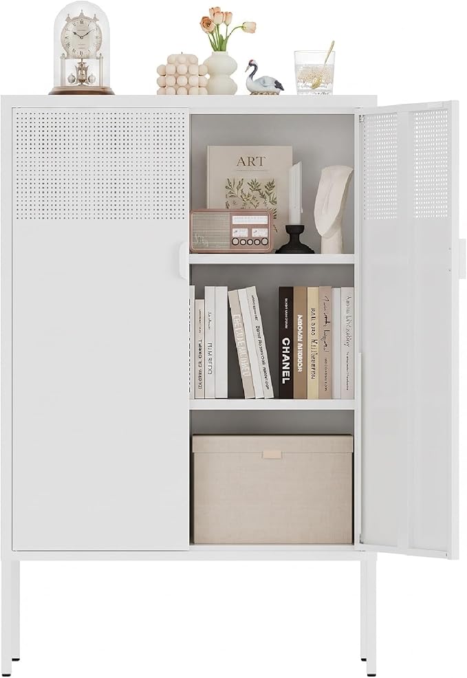 Metal Storage Cabinet,2 Door TV Stand, Metal Mesh Accent Cabinet,Magnetic Door Closure,Low Storage Cabinets with Doors and Shelf for Home,Office,Living Room