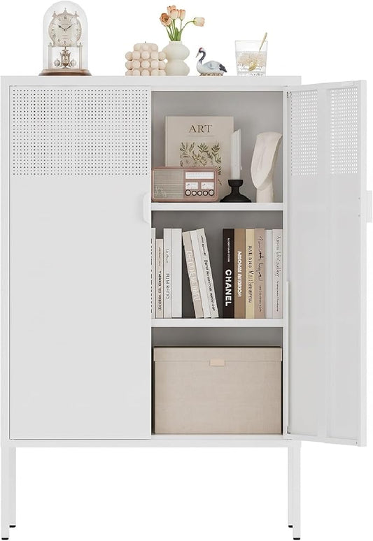 Metal Storage Cabinet,2 Door TV Stand, Metal Mesh Accent Cabinet,Magnetic Door Closure,Low Storage Cabinets with Doors and Shelf for Home,Office,Living Room