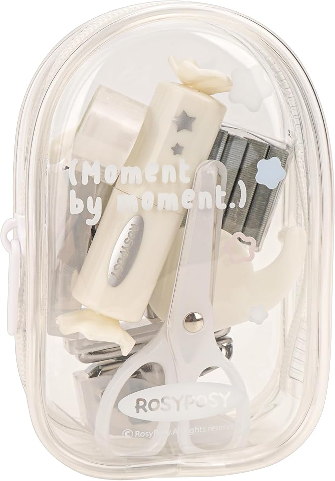 7-Pieces Clear Desk Organizer Set - with Stapler, Hole Punch, Tape Dispenser, Scissors & Highlighters, Transparent Office Supplies Kit for Home Office, School & Workspace