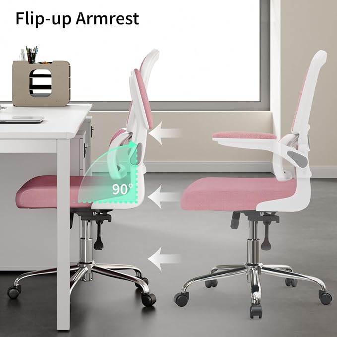 Office Chair, Ergonomic Desk Chair - Thick Cushion Adjustable Height Computer Chair with Lumbar Support and Flip-up Armrests, Pink Home Office Desk Chairs, Swivel Executive Task Chair…