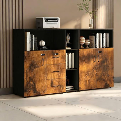 File Cabinet with Password Lock, Wood Lateral Filing Cabinet for Letter/A4 Files, 3 Drawer with Door, Printer Stand with Open Shelves for Home Office