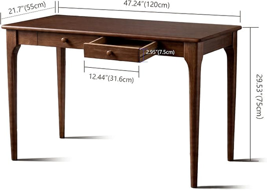 47" Walnut Solid Wood Desk with Drawers,Mid Century Modern Natural Real Wood Writing Desk,Home Bedroom Small Spaces Computer Office Workstation Desks