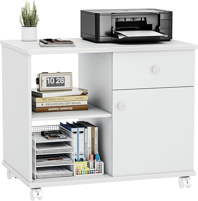 Quikraen Rolling File Cabinet with Doors | Adjustable Shelves Under Desk Storage Cabinet for Office Supplies Mobile Filing Cabinet White