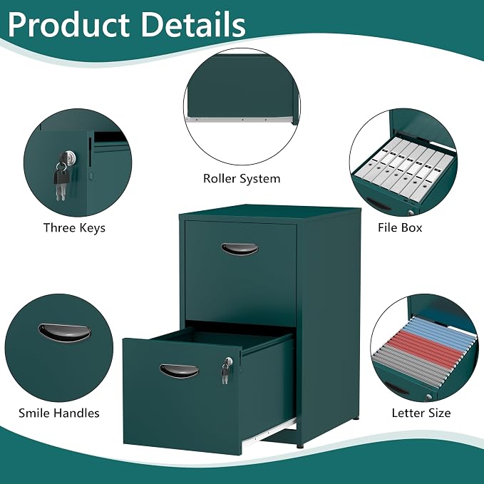 2 Drawer File Cabinet with Lock,Green Small Filing Cabinet for Home Office,Metal Vertical File Under Desk Cabinets for A4/Letter,Assembly Required
