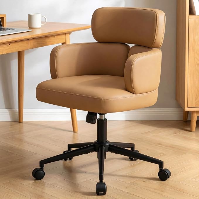 Leather Home Office Chair with Unique Curved Back, Wide Seat Computer Desk Chair with Wheels,Swivel Tilt & Height Adjustable,Matel Base for Home Office, PU Brown