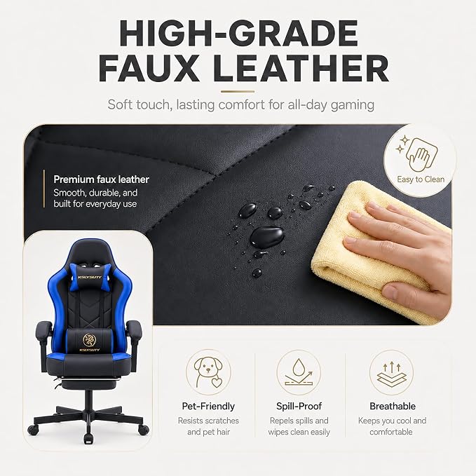 Office Desk Computer Gaming Chair for Adults, Ergonomic High Back Gamer Chair with Massage and Pocket Spring Cushion, Swivel Comfy Video Game Chairs with Footrest and Lumbar Support (Black Blue)