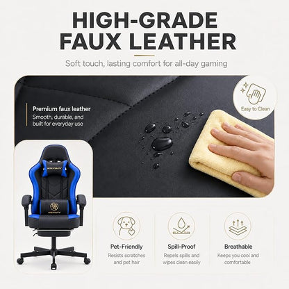 Office Desk Computer Gaming Chair for Adults, Ergonomic High Back Gamer Chair with Massage and Pocket Spring Cushion, Swivel Comfy Video Game Chairs with Footrest and Lumbar Support (Black Blue)