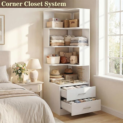 Armocity Corner Bookshelf with Drawers, 7 Tier Corner Book Shelf Display Bookcase, Freestanding L Shaped Bookshelf for Bedroom, Home Office, White