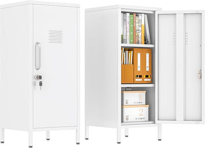 pozdeg 35.43" Metal Storage Locker with Lockable, Metal Steel Locker for Employees with 1 Door ＆ 2 Adjustable Shelves, Small Locker Storage Cabinets for Home, School, Office, Gym (White)