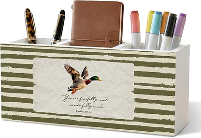 Mallard Duck Christian Pencil Pen Holder for Desk Organizer, Vintage Green Nursery Duck Cottagecore Wooden Box Decorations for Home Office Classroom Desk Tabletop Nursery Toddler Decor