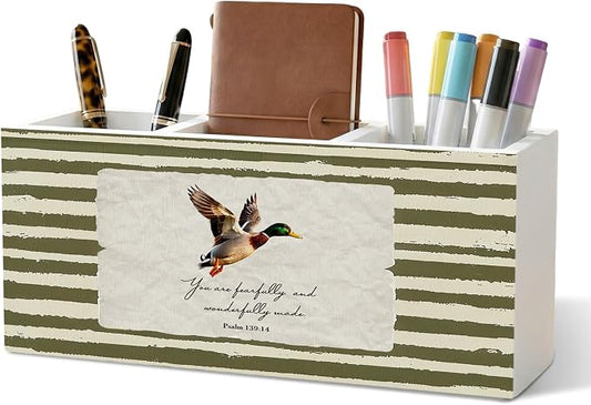 Mallard Duck Christian Pencil Pen Holder for Desk Organizer, Vintage Green Nursery Duck Cottagecore Wooden Box Decorations for Home Office Classroom Desk Tabletop Nursery Toddler Decor
