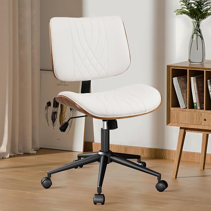 CLATINA Armless Home Office Chair, Desk Chair with Wheels, Adjustable Height Reading Chair, Leather Mid Back & Swivel Computer Chair, Modern Walnut Chairs with Back for Studio Meeting Room(White)