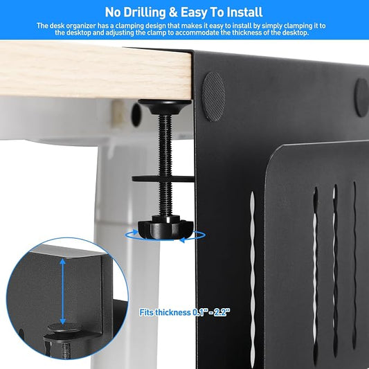 MAXECHO Desk Side Storage, Under Desk Laptop Mount, Table Side Hanging File Organizer, No Drill Clamp On Cable Management Tray, Laptop Holder with Magnetic Pen Holder for Office and Home, Load 22 Lbs